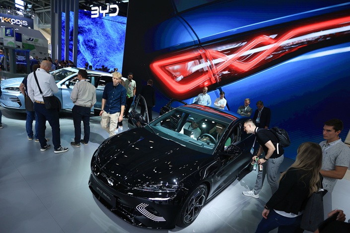 Visitors inspect a BYD Seal electric sedan on day two of the Munich Motor Show in Munich on Sept. 6. Photo: Bloomberg