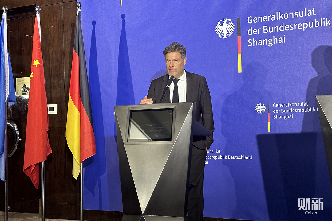 Robert Habeck, Germany's Vice Chancellor and Minister for Economic Affairs and Climate Action, speaks at a press conference in Shanghai Saturday. Photo: Zhang Erchi/Caixin