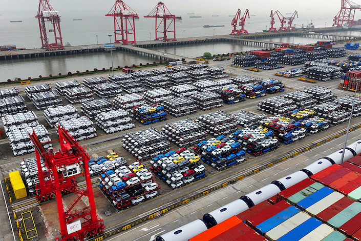 Electric vehicles for export at Taicang Port, Jiangsu province, on April 16, 2024.