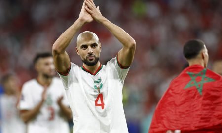 Morocco's Sofyan Amrabat celebrates after the match