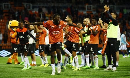 Lorient's Terem Moffi celebrates scoring
